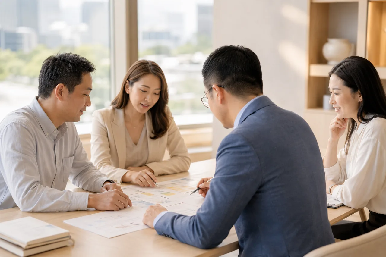 Four colleagues discussing work around a shared table.