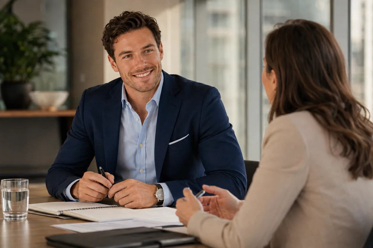 A manager and colleague reviewing work together in a professional meeting.