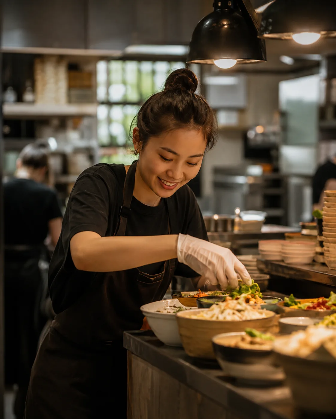 A restaurant professional preparing food during service.