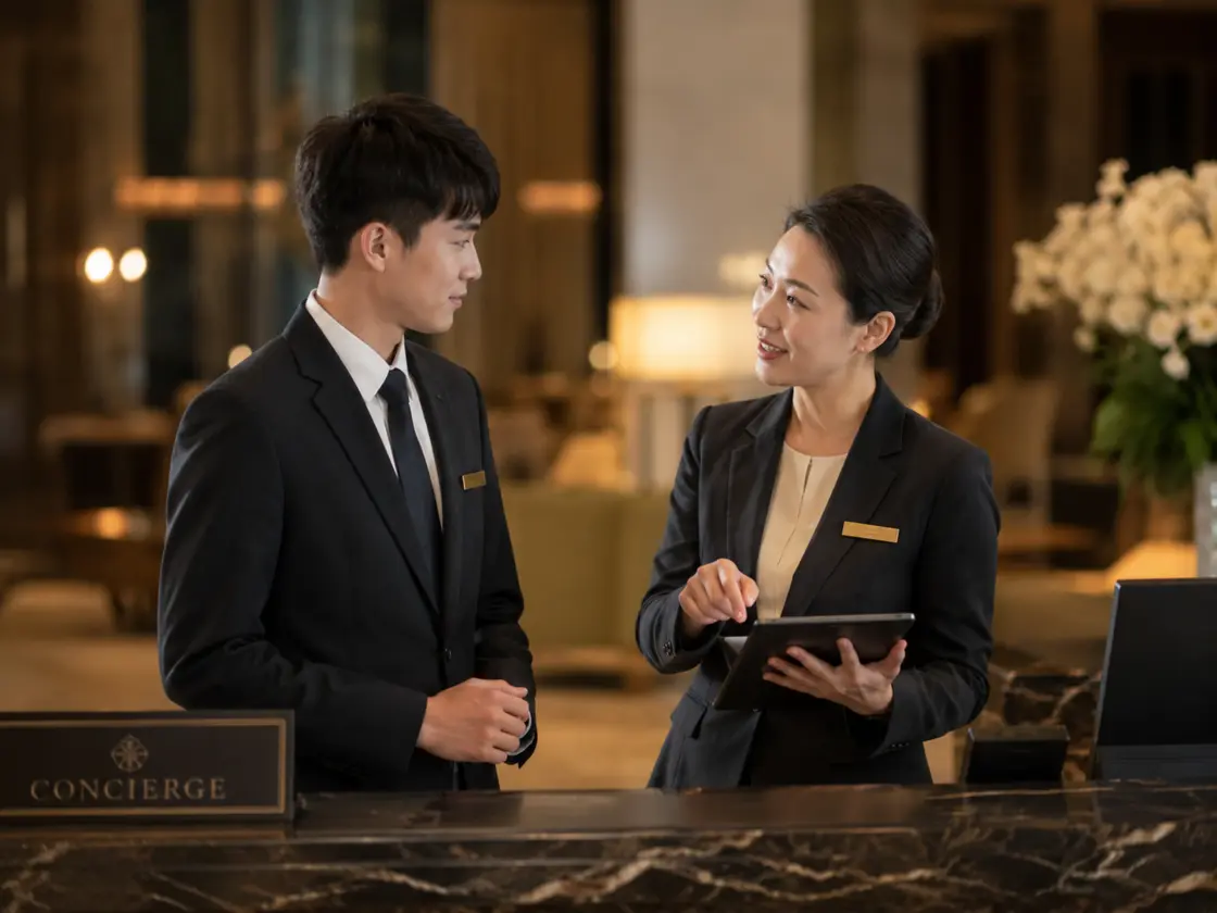 A hotel front-desk colleague assisting a guest.