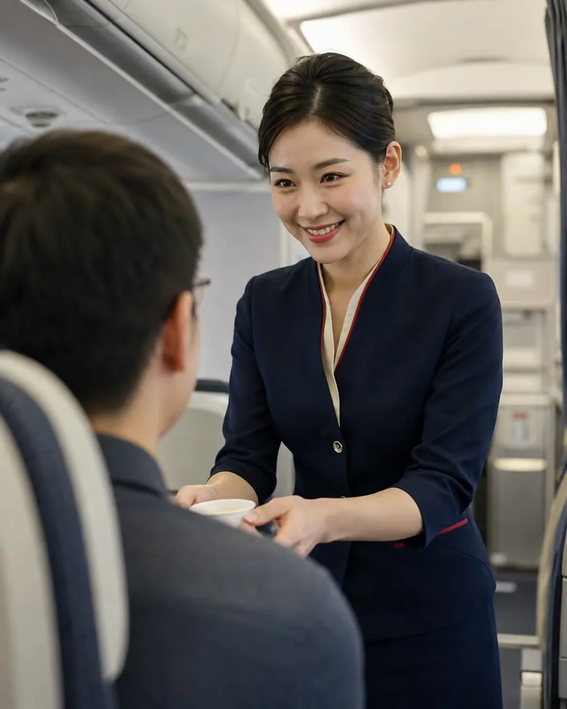 Cabin crew member assisting a passenger during a flight.