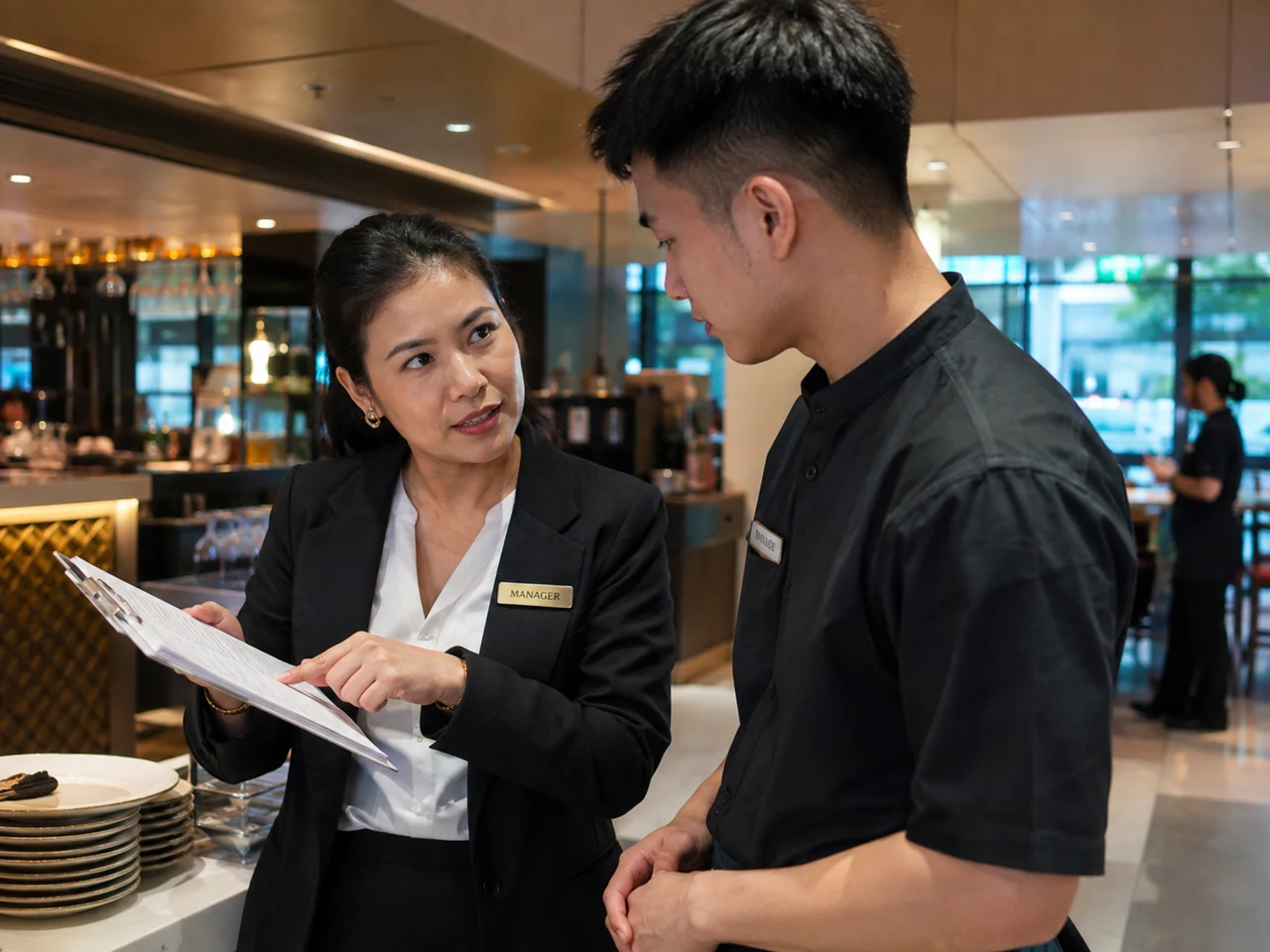 Two hospitality professionals reviewing observed work together.