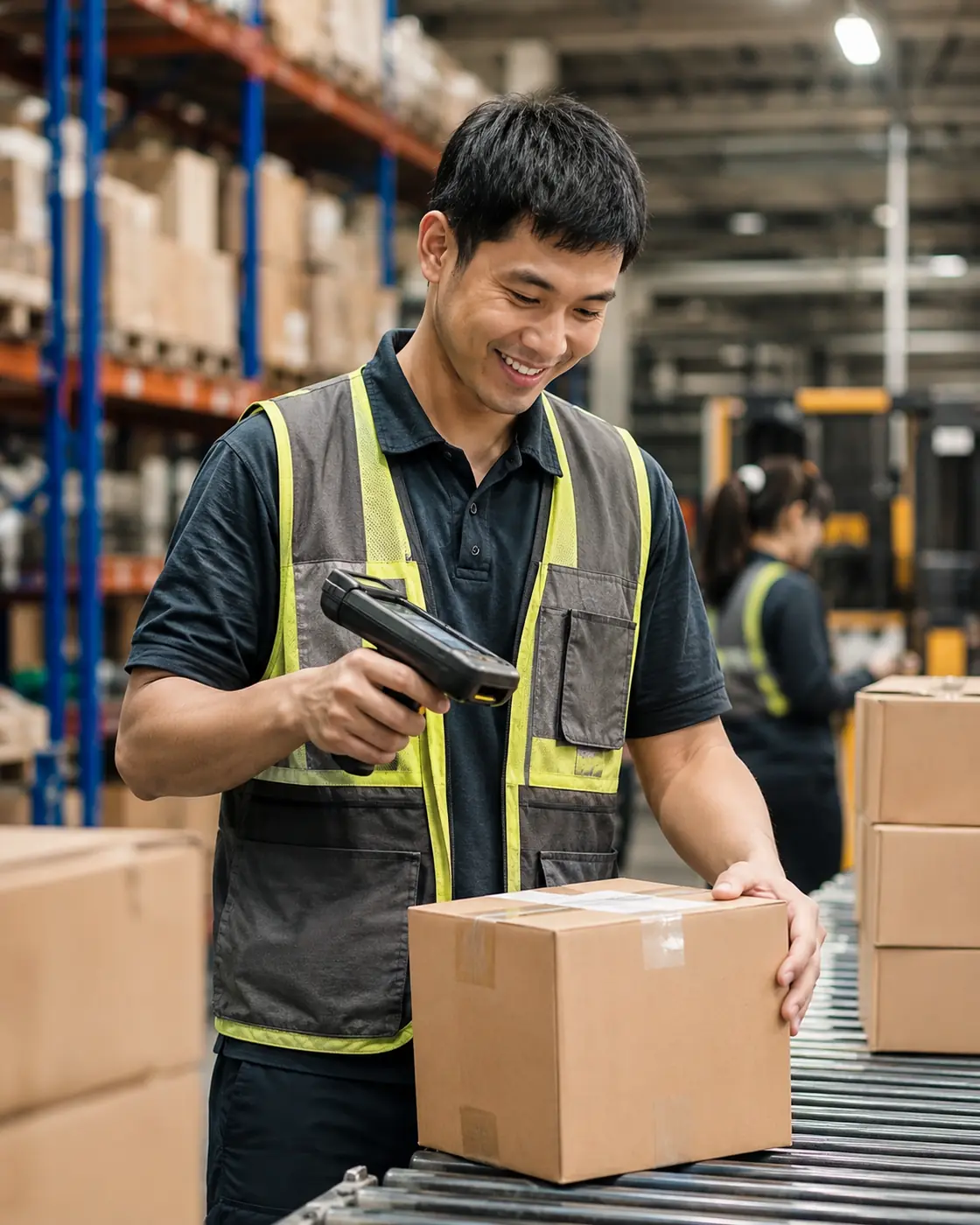 A retail colleague preparing stock on the shop floor.