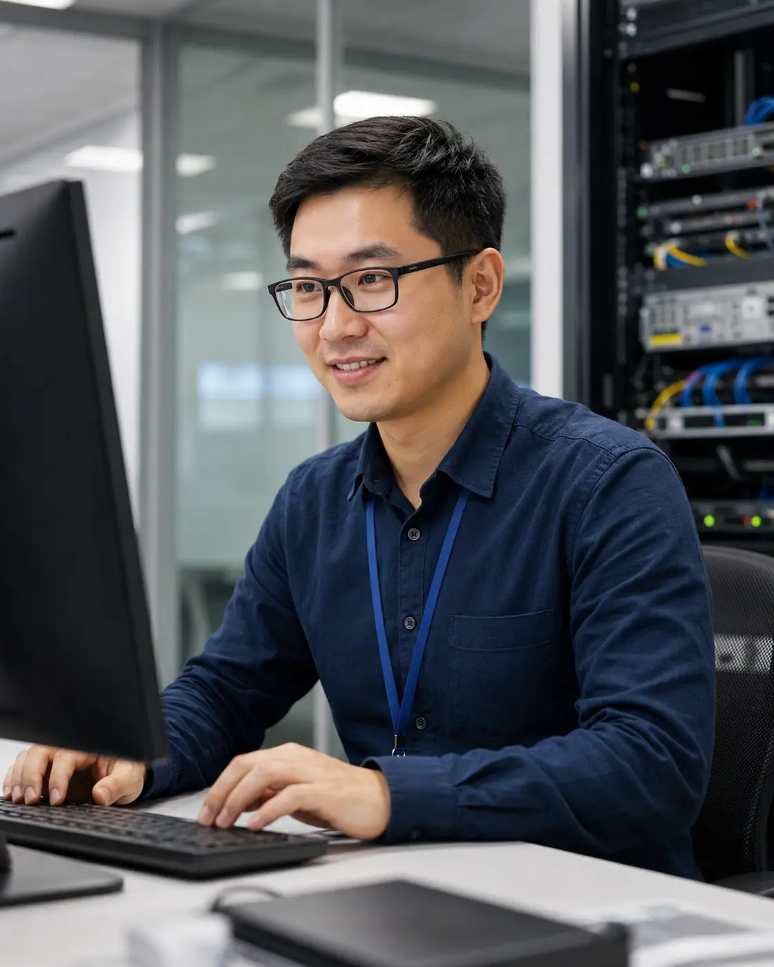 IT support worker reviewing a system console beside server racks.